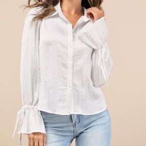 Lulus Enhanced Charm Ivory Plisse Crinkled Tie-cuff Button-up Top White - Size S